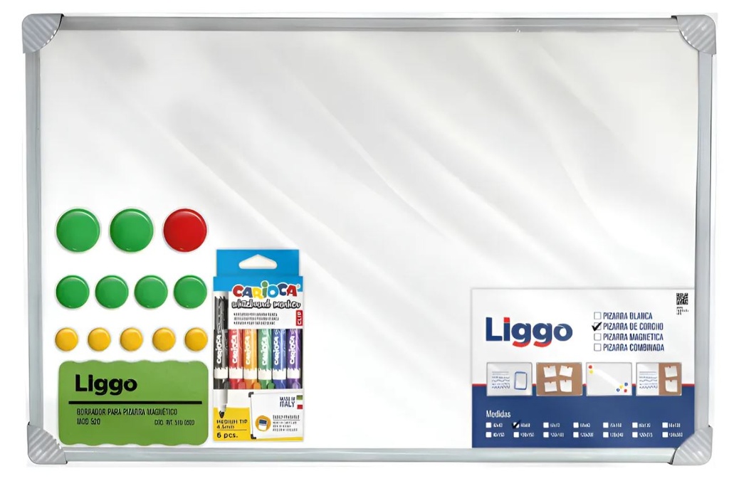 PIZARRA LIGGO 60X40 MAGNETICA + BORRADOR + 12 IMANES+ 6 MARCADORES
