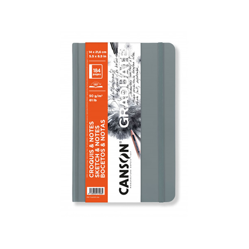 LIBRETA CANSON GRADUATE PARA BOCETOS Y NOTAS CON ELASTICO 14x21.6cm 184 HOJAS DE 90g GRIS