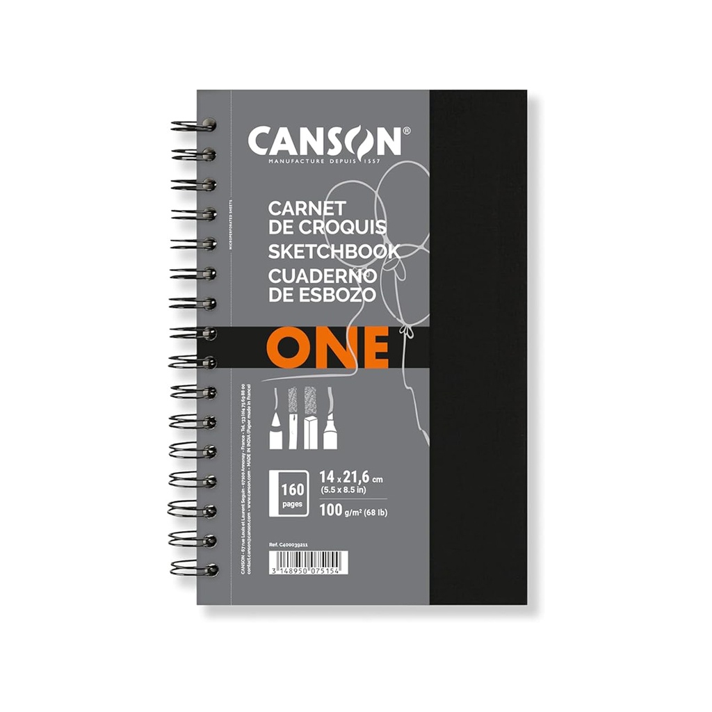 CUADERNO DE ESBOZO CANSON ONE ESPIRALADO 14x21.6cm 160 HOJAS DE 100g