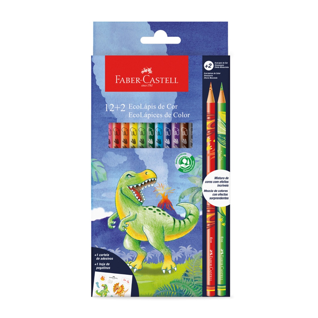 PINTURITAS FABER ECOLAPICES DINOSAURIOS X 12 + 1 HOJA DE STICKERS