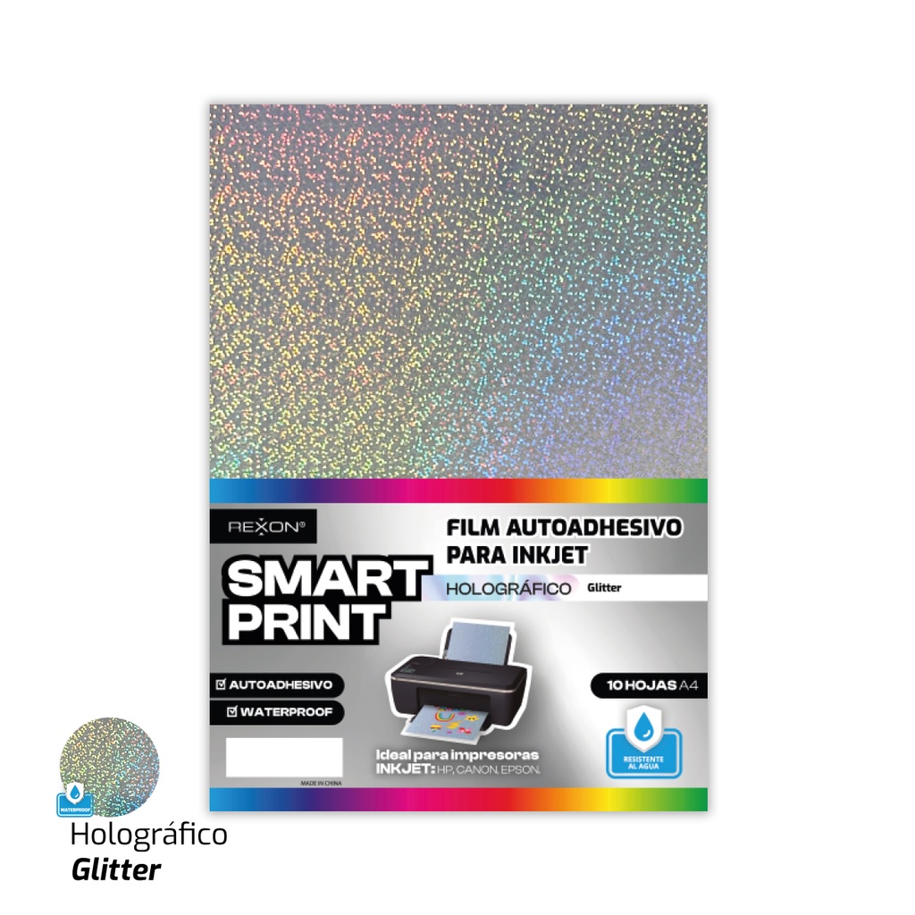 FILM AUTOADHESIVO REXON A4 X 10 HOJAS HOLOGRAFICO GLITTER
