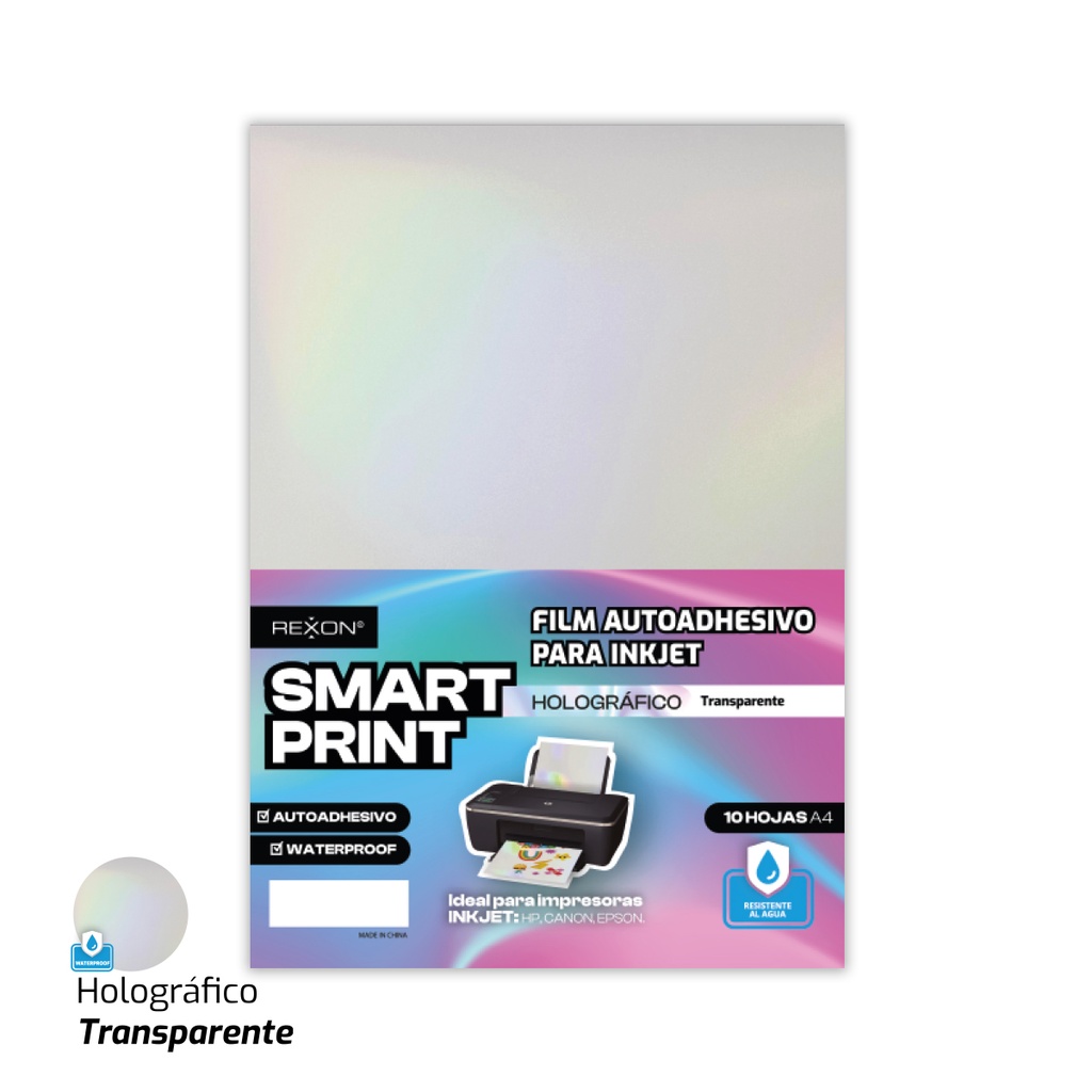 FILM AUTOADHESIVO REXON A4 X 10 HOJAS HOLOGRAFICO TRANSPARENTE