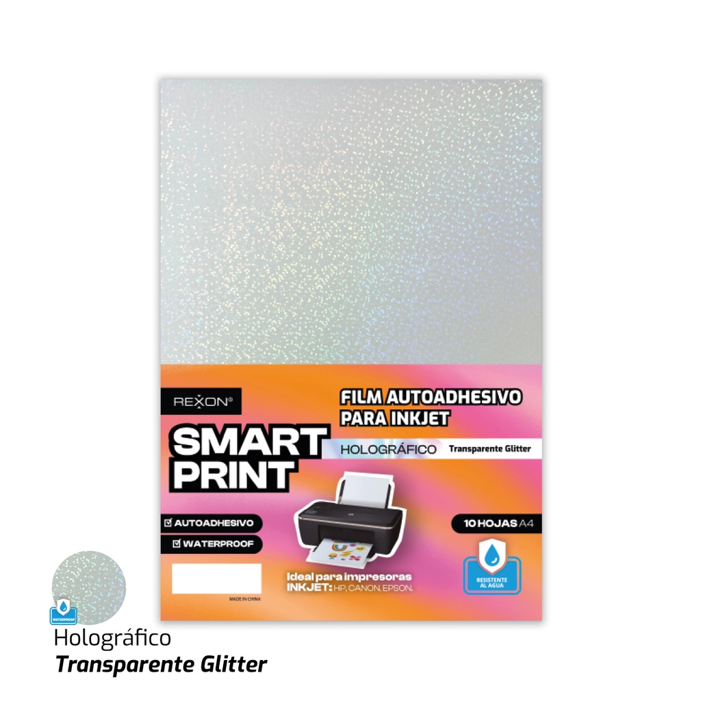 FILM AUTOADHESIVO REXON A4 X 10 HOJAS HOLOGRAFICO TRANSPARENTE GLITTER