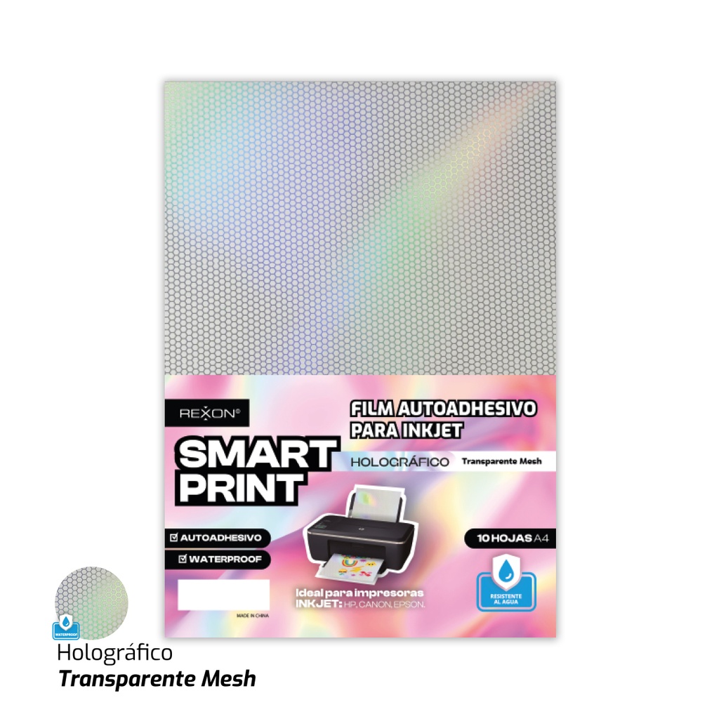 FILM AUTOADHESIVO REXON A4 X 10 HOJAS HOLOGRAFICO TRANSPARENTE MESH