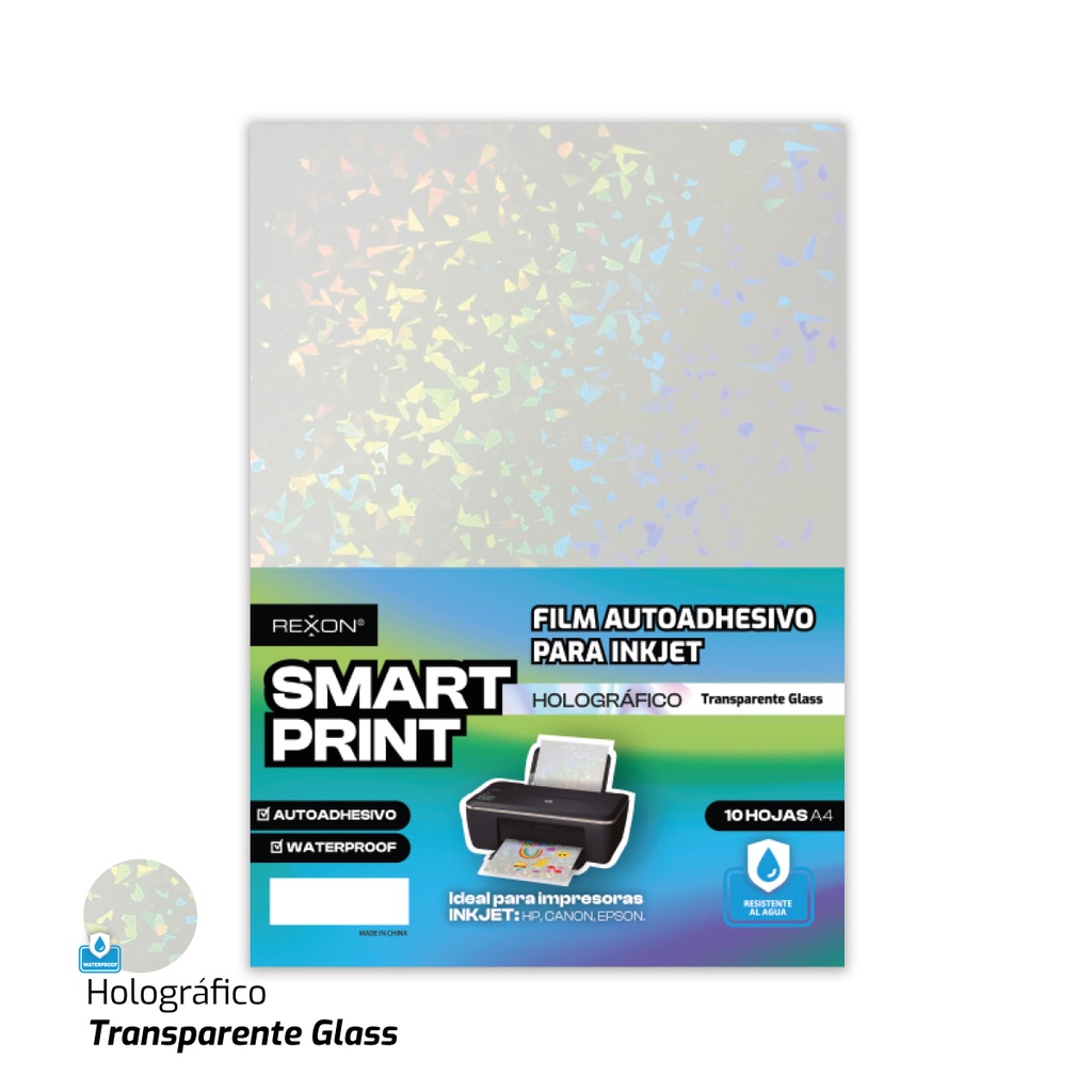 FILM AUTOADHESIVO REXON A4 X 10 HOJAS HOLOGRAFICO TRANSPARENTE GLASS