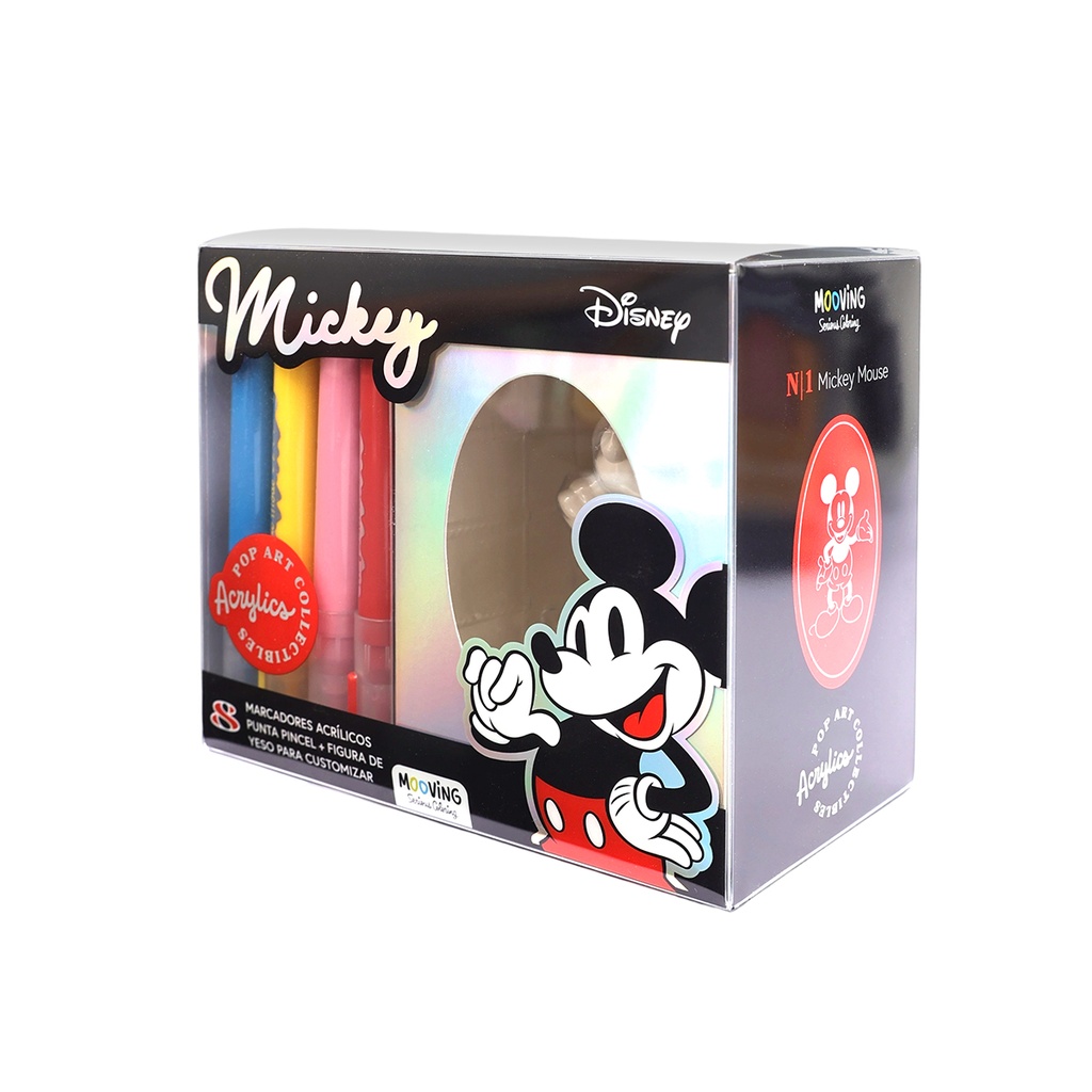 MARCADOR MOOVING ACRILICO PUNTA PINCEL X8 + FIGURA DE YESO X1 MICKEY MOUSE