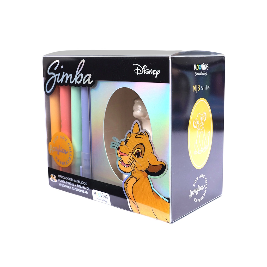 MARCADOR MOOVING ACRILICO PUNTA PINCEL X8 + FIGURA DE YESO X1 SIMBA