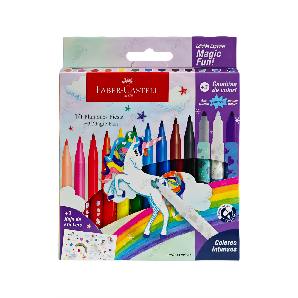 MARCADOR FABER FIESTA X10+3MAGIC FUN+1 HOJA CON STICKERS UNICORNIO