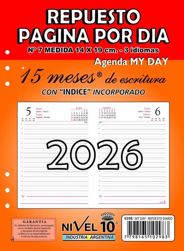 [3298] REPUESTO AGENDA NIVEL 10 Nº7 14x19cm SEMANAL CON INDICE