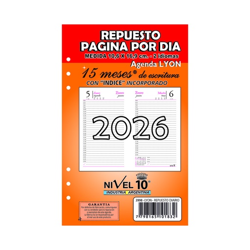 [3998] REPUESTO AGENDA NIVEL 10 11x17cm DIA POR PAGINA CON INDICE