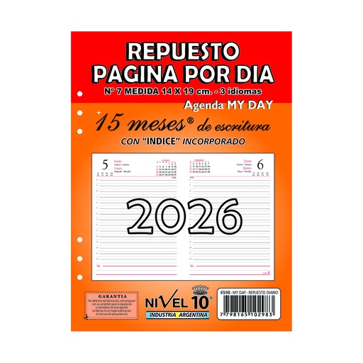 [6598] REPUESTO AGENDA NIVEL 10 Nº7 14x19cm DIA POR PAGINA CON INDICE (LLEVA 2 PAGA 1)