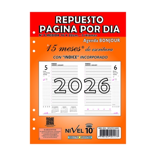[3698] REPUESTO AGENDA NIVEL 10 Nº8 16x22cm DIA POR PAGINA CON INDICE