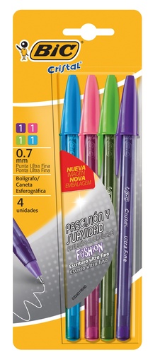 [977877] BOLIGRAFO BIC CRISTAL FASHION 0.7 X4 COLORES SURTIDOS