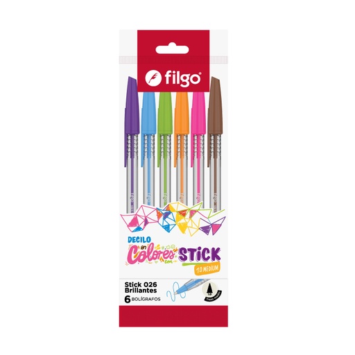 [SK10-F6-BRI] BOLIGRAFO FILGO 026 STICK 1.0 X 6 COLORES SURTIDOS BRILLANTES