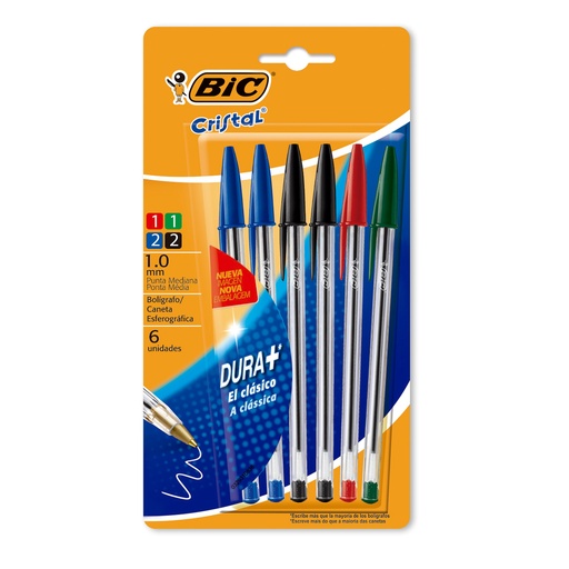 [908445] BOLIGRAFO BIC CRISTAL 1.0 X 6 COLORES SURTIDOS