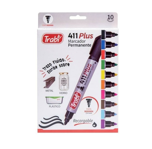 [TR5234] MARCADOR TRABI 411 PERMANENTE PUNTA REDONDA X 10 COLORES SURTIDOS