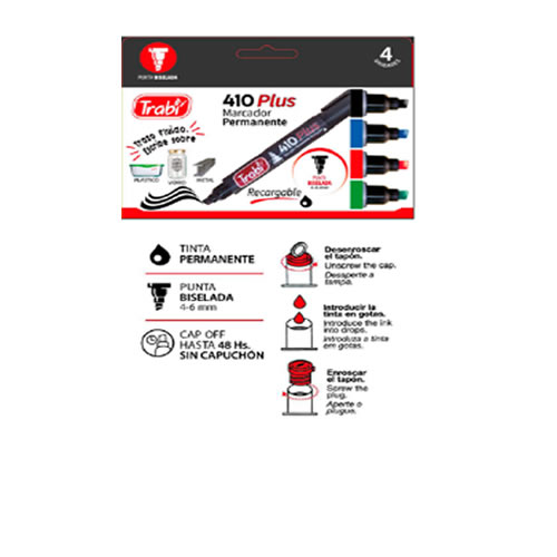 [TR5245] MARCADOR TRABI 410 PERMANENTE PUNTA BISELADA X 4 COLORES SURTIDOS
