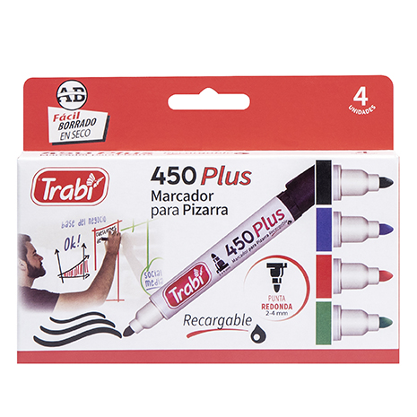 [TR6935] MARCADOR TRABI 450 X4 SURTIDO PARA PIZARRA