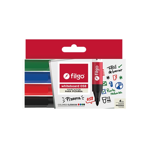 [WB058-E4-CLA] MARCADOR FILGO 058 X4 SURTIDO PARA PIZZARRA