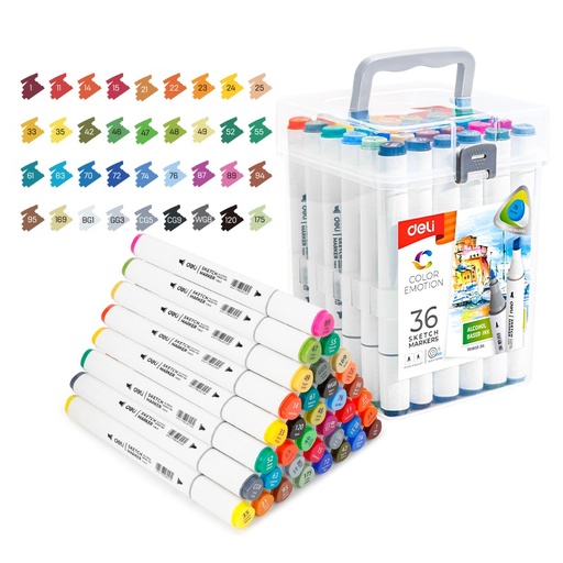 [E70803-36] MARCADOR DELI SKETCH DOBLE PUNTA CUERPO TRIANGULAR X 36 COLORES PERMANENTE