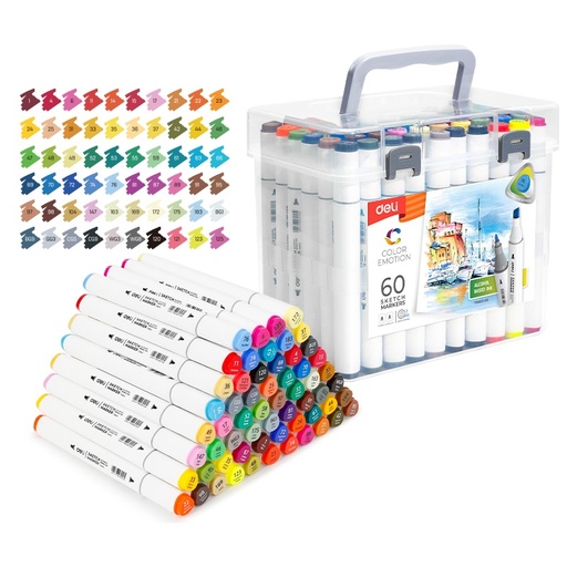 [E70803-60] MARCADOR DELI SKETCH DOBLE PUNTA CUERPO TRIANGULAR X 60 COLORES PERMANENTE