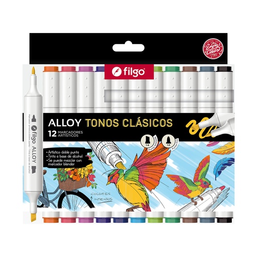 [ALLYM-E12-SUR] MARCADOR FILGO ALLOY DOBLE PUNTA X 12 TONOS CLASICOS