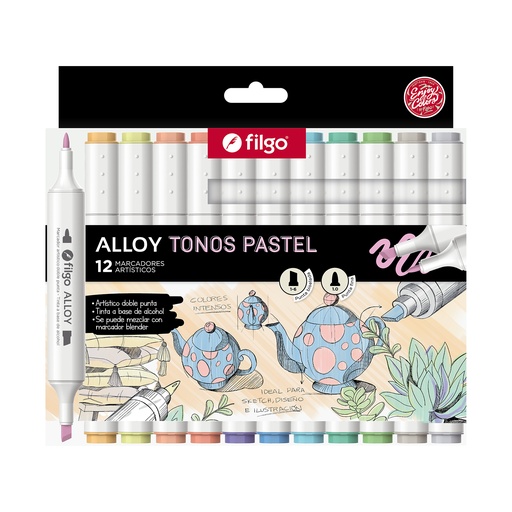 [ALLYM-E12-PAS] MARCADOR FILGO ALLOY DOBLE PUNTA X 12 TONOS PASTEL
