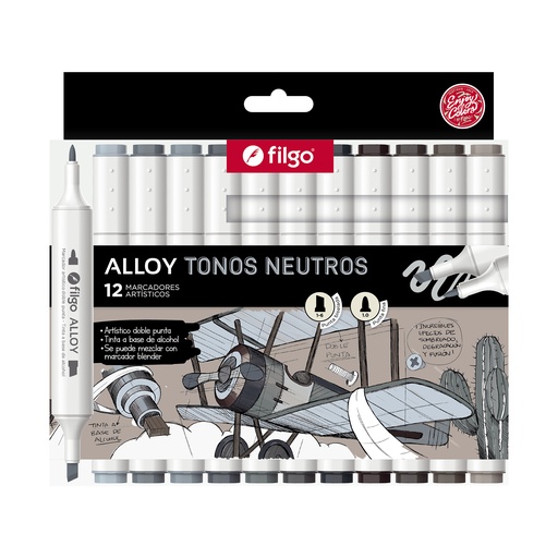 [ALLYM-E12-GRIS] MARCADOR FILGO ALLOY DOBLE PUNTA X 12 TONOS GRISES