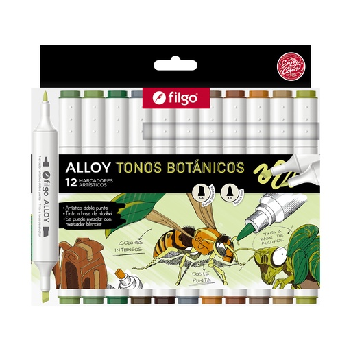 [ALLYM-E12-BOT] MARCADOR FILGO ALLOY DOBLE PUNTA X 12 TONOS BOTANICOS