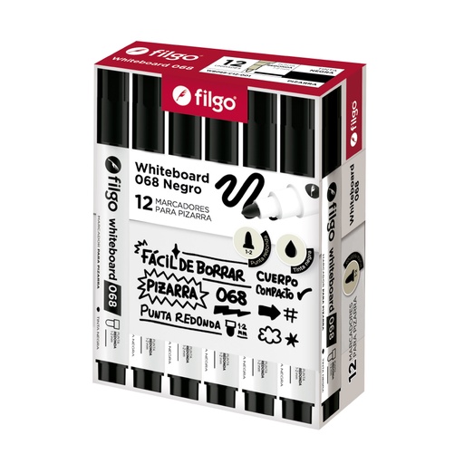 [WB068-C12-001] MARCADOR FILGO 068 X12 NEGRO PARA PIZZARRA