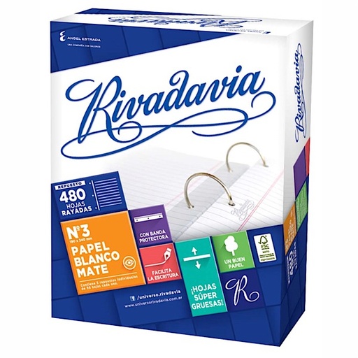 [498013] REPUESTO RIVADAVIA Nº3 BLANCO MATE 480 HOJAS CUADRICULADO