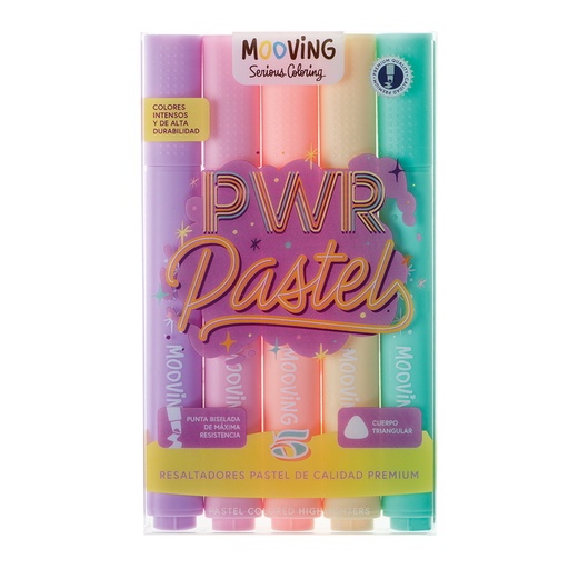 [3051105] RESALTADOR MOOVING PWR PASTEL PUNTA BISELADA X 5 COLORES PASTEL