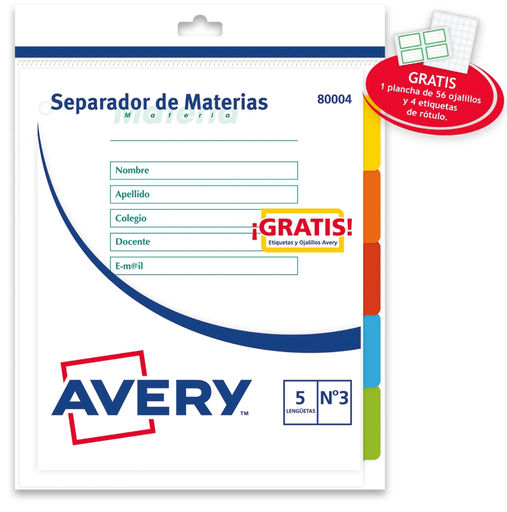 [80004] SEPARADOR AVERY ESCOLAR 5 DIVISIONES COLOR 80004 LIQUIDACION