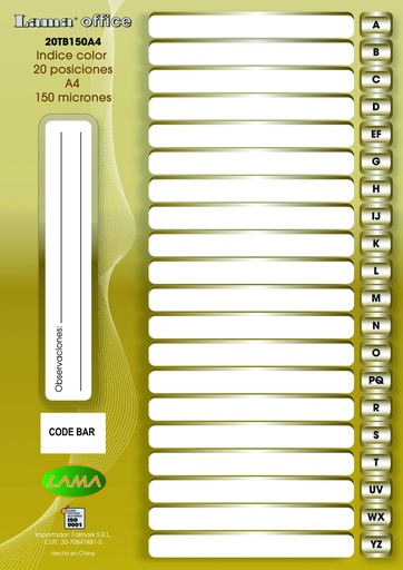 [20TB150A4] SEPARADOR A4 LAMA 20 POSICIONES X 150 MICRONES