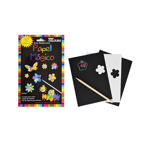 [12516] PAPEL MAGICO X 2 HOJAS CON SET DE FIGURAS PARA DIBUJAR + LAPIZ DE MADERA