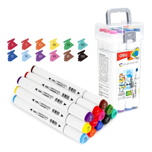 [E70803-12] MARCADOR DELI SKETCH DOBLE PUNTA CUERPO TRIANGULAR X 12 COLORES PERMANENTE