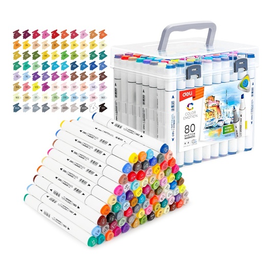 [E70803-80] MARCADOR DELI SKETCH DOBLE PUNTA CUERPO TRIANGULAR X 80 COLORES PERMANENTE