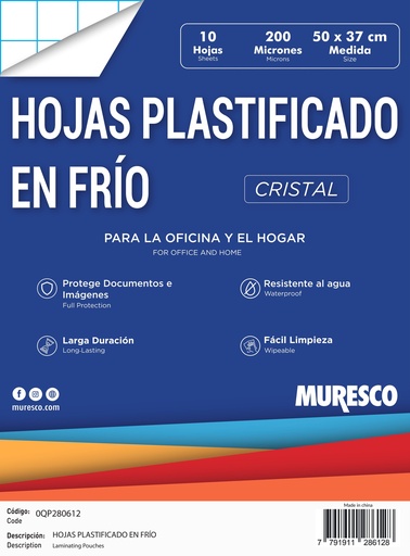 [0QP280612] PLASTIFICADO FRIO MURESCO 50X37CM X10