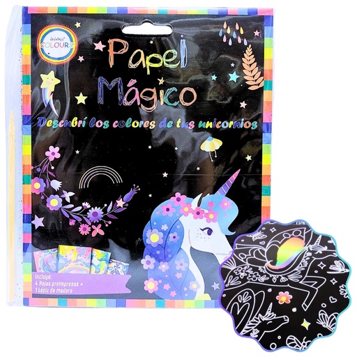 [26352] PAPEL MAGICO UNICORNIOS X 4 HOJAS PREIMPRESAS + LAPIZ DE MADERA