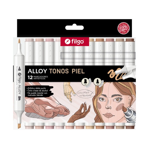 [ALLYM-E12-PIEL] MARCADOR FILGO ALLOY DOBLE PUNTA X 12 TONOS PIEL