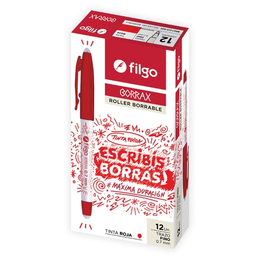 [BRX7-C12-002] BOLIGRAFO FILGO GEL BORRABLE BORRAX 0.7 X12 ROJO