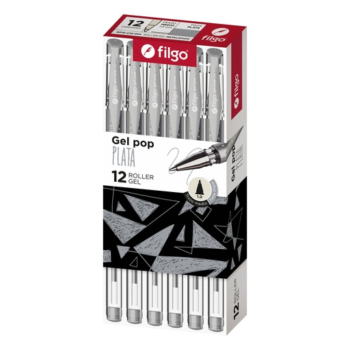 [GP10-C12-054] BOLIGRAFO FILGO GEL POP ROLLER GEL 1.0 X 12 METALIZADO PLATA