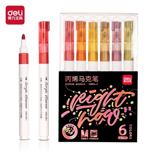 [HM114-C] MARCADOR DELI ACRILICO GLITTER PUNTA REDONDA X 6 COLORES CALIDOS