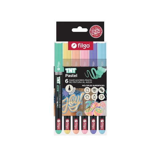 [TNTBSH-E6-PAS] MARCADOR FILGO TNT PINTURA AL AGUA PUNTA PINCEL X6 PASTEL