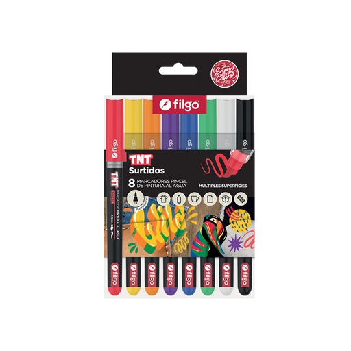 [TNTBSH-E8-SUR] MARCADOR FILGO TNT PINTURA AL AGUA PUNTA PINCEL X8 SURTIDOS
