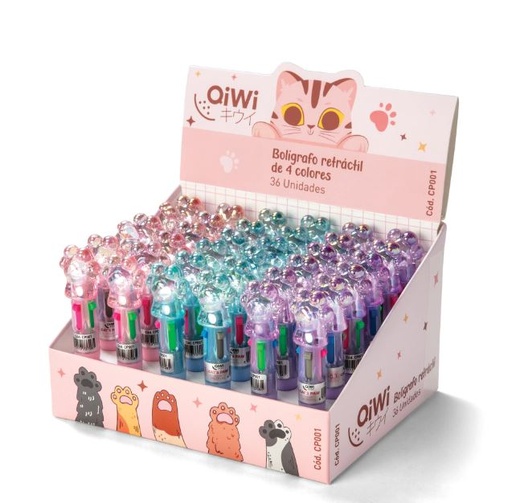 [CP001] BOLIGRAFO QIWI RETRACTIL 4 COLORES HUELLITA X1