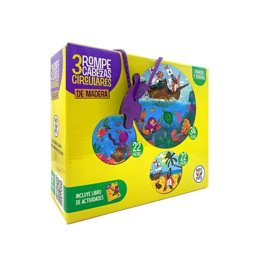 [726798275597] ROMPECABEZAS BARCO DE PAPEL MADERA CIRCULAR X 3 - PIRATAS Y SIRENAS