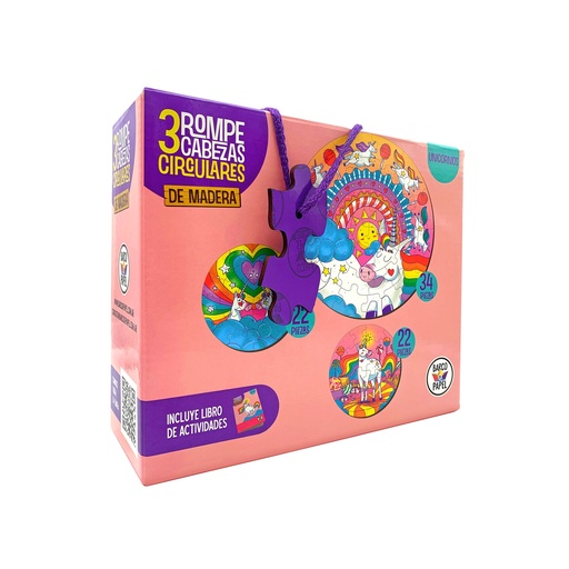 [726798275603] ROMPECABEZAS BARCO DE PAPEL MADERA CIRCULAR X 3 - UNICORNIOS