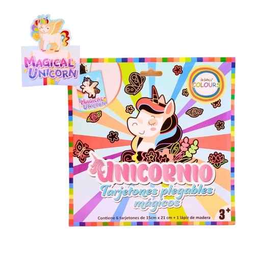 [27941] TARJETONES PLEGABLES MAGICOS X6 + LAPIZ DE MADERA UNICORNIO