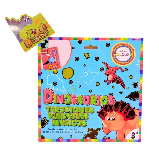 [27942] TARJETONES PLEGABLES MAGICOS X6 + LAPIZ DE MADERA DINO